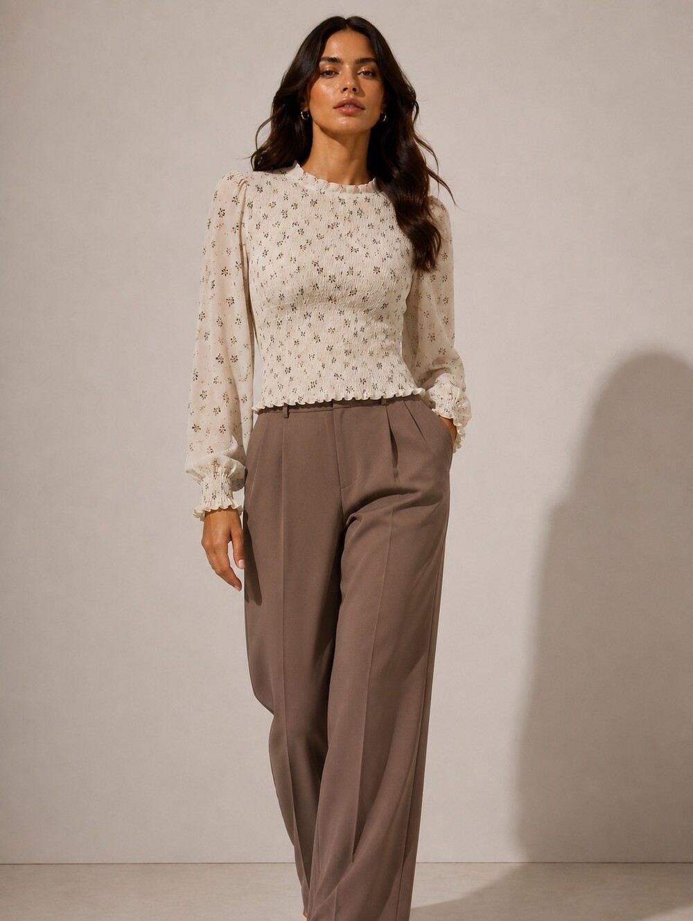 Floral Smocked Long Sleeve Blouse – Cream – Size Small